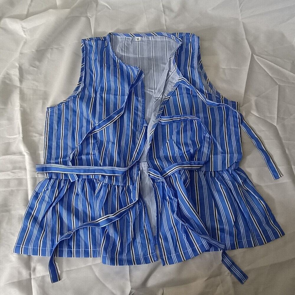 Blue Striped Sleeveless Wrap Top